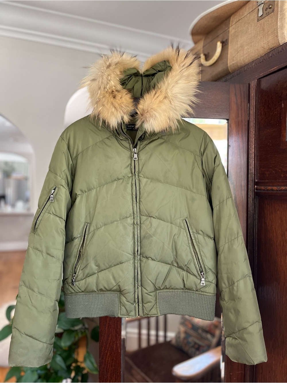 Marc New York Andrew Marc Olive Green Down Puffer Bomber Jacket Fur Trim Hood. M